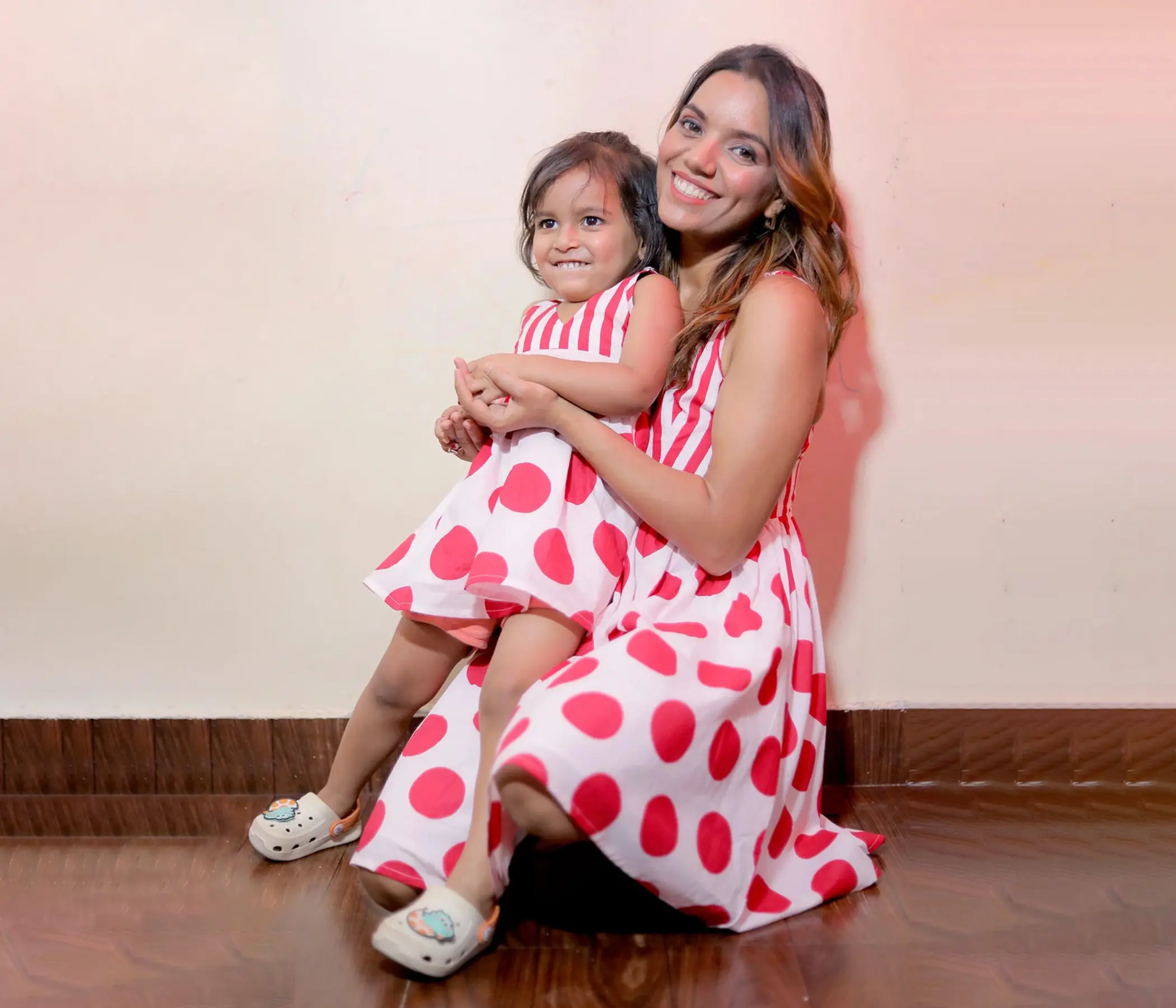 Hand Painted Red and White Polka Dot Mother Daughter Twinning Dress Set
